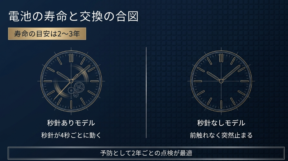 秒針あり・なしモデル別の電池寿命(2〜3年)と交換サインの説明 スライド3「電池切れを放置するとどうなる?」という文章の直後止まった時計を放置する危険性電池の液漏れによる回路ショートや歯車の固着、文字盤変色のリスク解説 スライド4「電池交換時に行うべきメンテナンス」の見出し直前長く愛用するための3つの秘訣油切れ防止、磁気抜き、パッキン交換による内部保護の重要性 スライド5「正規店と修理専門店の違い」の見出し直後正規店と修理専門店の比較表費用(3〜4万円vs4千〜1.5万円)や期間、資産価値維持などの比較表 スライド6「信頼できる修理店を見極めるポイント」の見出し直前失敗しない修理店の見極め方1級時計修理技能士の有無や事前説明、店舗の清潔感などチェックポイント スライド7「ロイヤルオークの電池交換における注意点」の文章直後ロイヤルオーク特有の構造とリスクベゼルの六角ネジやワンピース構造、金無垢素材の取り扱いリスク解説 スライド8「オーバーホールはいつすべき?」の見出し直後オーバーホールを検討する時期と症状電池交換2回に1回の目安や、時刻合わせの違和感、ガラスの曇りなどの症状 スライド9「当研究所での電池交換の取り組み」の見出し直後専門機関による精密な状態診断防水テスト、消費電流測定、ベルトやネジの緩み確認など点検工程の紹介 スライド10記事の最後(まとめ・お問い合わせ)の直前大切な時計を守るための最適なご提案原宿駅から徒歩1分のアクセス情報と、国家資格者による郵送修理受付の案内