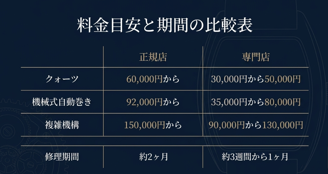 クォーツ・機械式・複雑機構ごとの正規店と専門店の料金比較表。修理期間が正規店は約2ヶ月、専門店は約3週間から1ヶ月であることを示している。