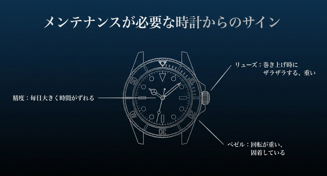 時計の精度低下、リューズの巻き上げ時の違和感、ベゼルの回転不良など、メンテナンスが必要な際に出る代表的なサインの解説。 