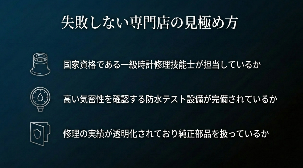 日本ロレックス正規店と一般的な修理専門店の基本料金、外装研磨、部品交換の柔軟性、および修理期間を比較した表。