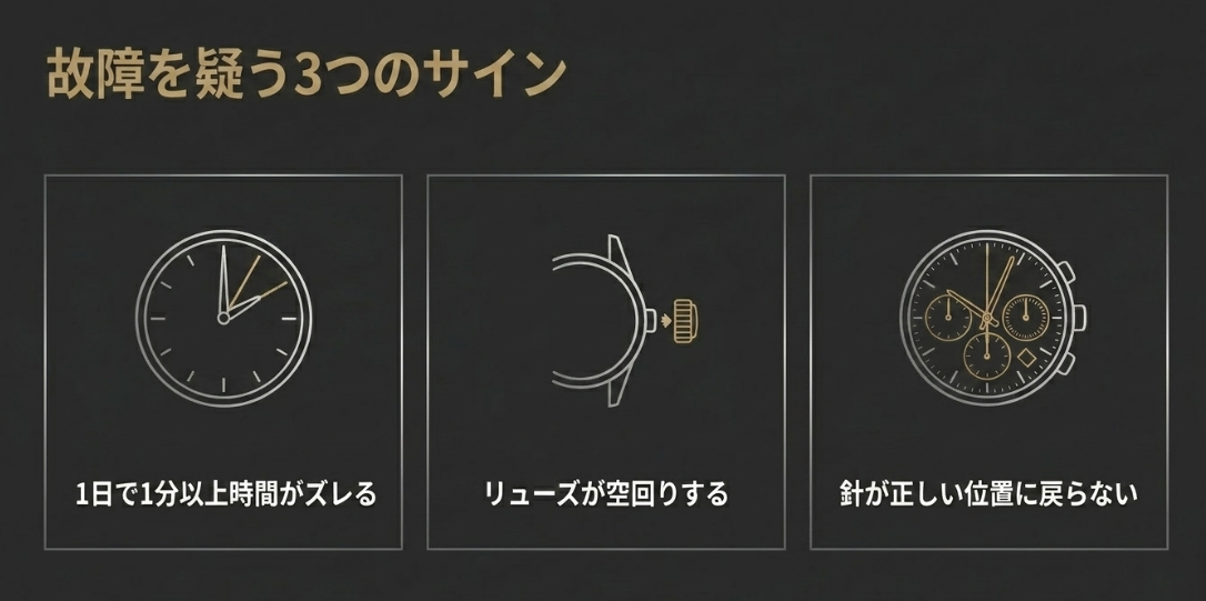 スピードマスターの故障を疑う3つのサイン。1日で1分以上のズレ、リューズの空回り、針が正しい位置に戻らない症状。