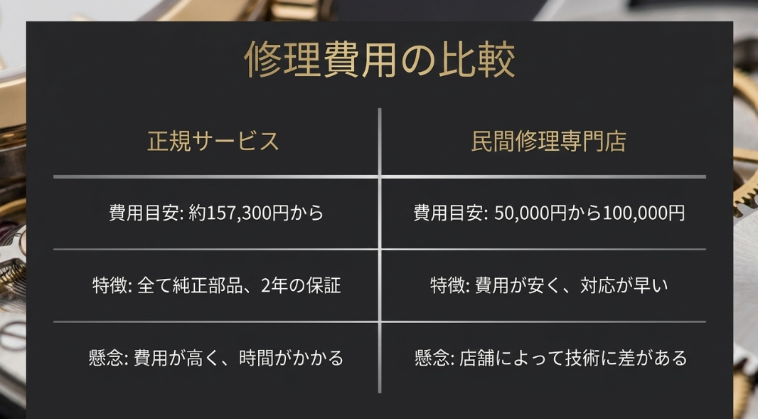 オメガ正規サービスと民間修理専門店のオーバーホール費用・特徴・懸念点の比較表。