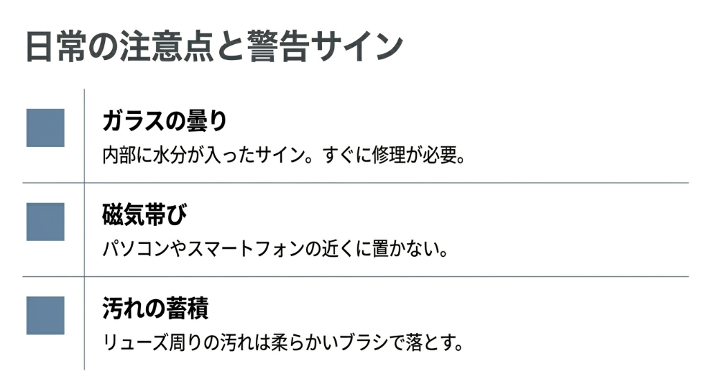 ガラスの曇り、磁気帯び、汚れの蓄積など、すぐに修理が必要なサインと日常の注意点をまとめたリスト 。