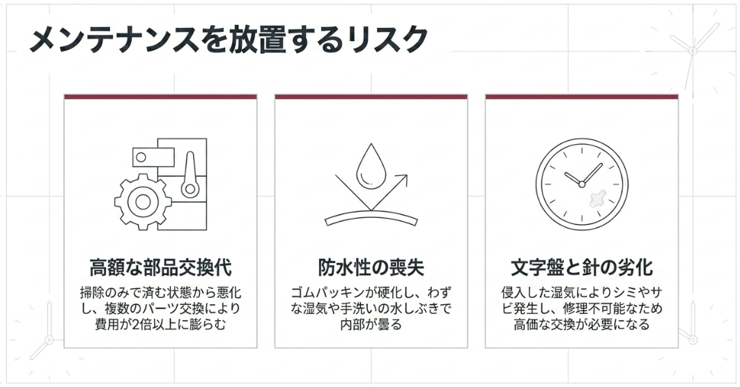 高額な部品交換費用、防水性能の喪失、文字盤や針の劣化サビなど、放置によるダメージをまとめたスライド