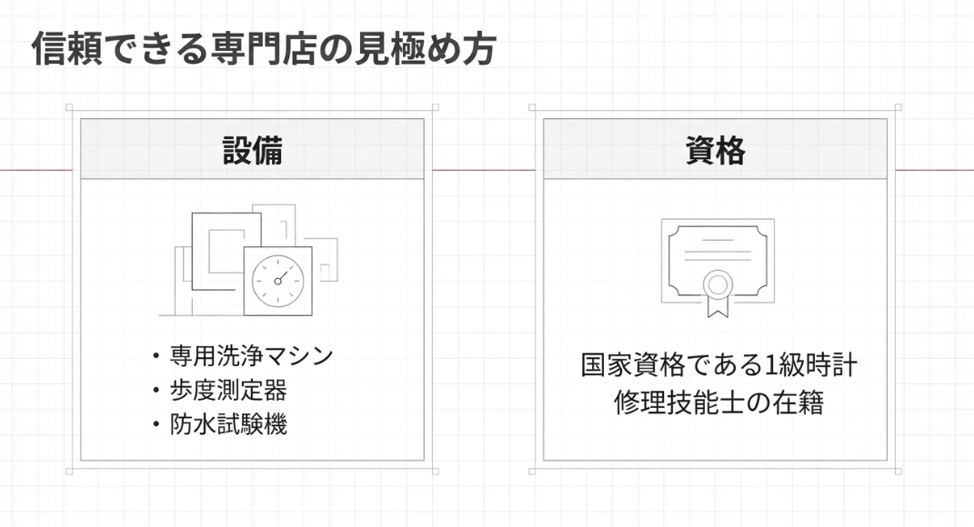 専用洗浄マシン、歩度測定器、防水試験機のイラストと、1級時計修理技能士の資格ロゴのスライド