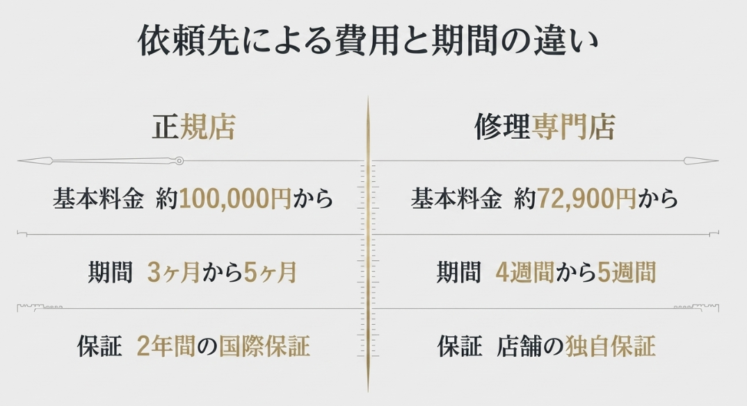 ロレックス正規店と時計修理専門店における、基本料金、納期、保証内容の違いを比較した表。