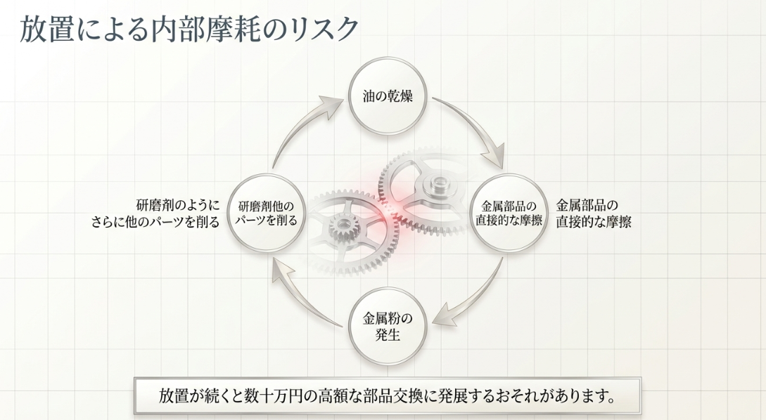 油の乾燥から金属部品の直接摩擦、金属粉の発生を経て、さらに他のパーツを削るという内部摩耗の悪循環を示す図解。放置が続くと高額な部品交換に発展するリスクを警告しています。