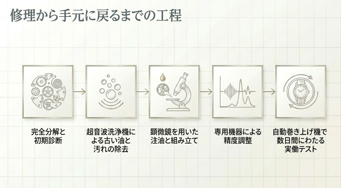 初期診断、完全分解、超音波洗浄、顕微鏡を用いた注油・組立、精度調整、実働テストというオーバーホールの全工程を示すフロー図。