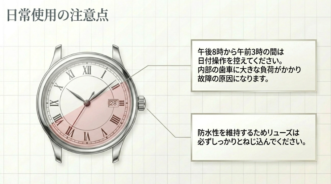 午後8時から午前3時の間の日付操作禁止と、防水性維持のためのリューズのねじ込みの重要性を説明するイラスト。