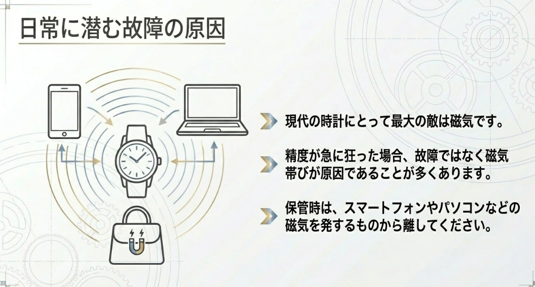 スマートフォンやパソコンなどの磁気が時計の精度を狂わせる原因であることを説明し、保管時の注意を促す図解。