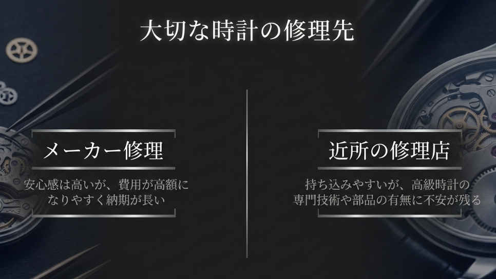 メーカー修理（安心感は高いが費用・納期が課題）と、近所の修理店（持ち込みやすいが技術に不安）の比較図解 。