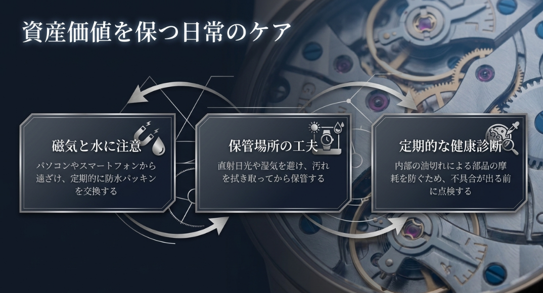 磁気と水への注意、保管場所の工夫（直射日光や湿気を避ける）、不具合が出る前の定期的な点検（健康診断）をまとめたメンテナンスガイド 。