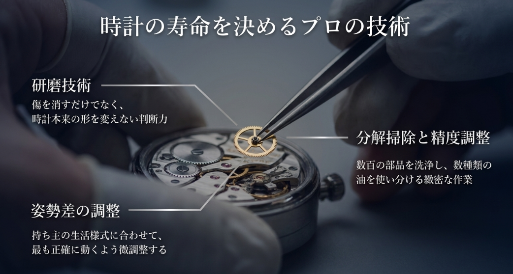 形状を変えない研磨技術、数百の部品を洗浄する分解掃除、持ち主の生活様式に合わせた姿勢差の微調整など、プロの技術を解説したスライド 。