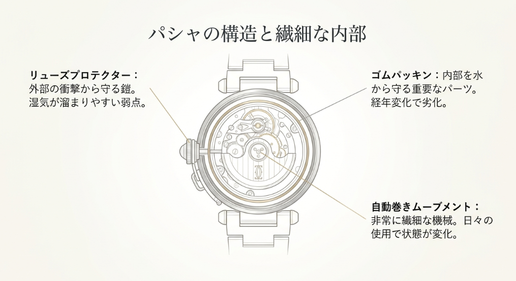 パシャの断面図とともに、リューズプロテクター、ゴムパッキン、自動巻きムーブメントの役割と繊細さを説明する図解スライド。
