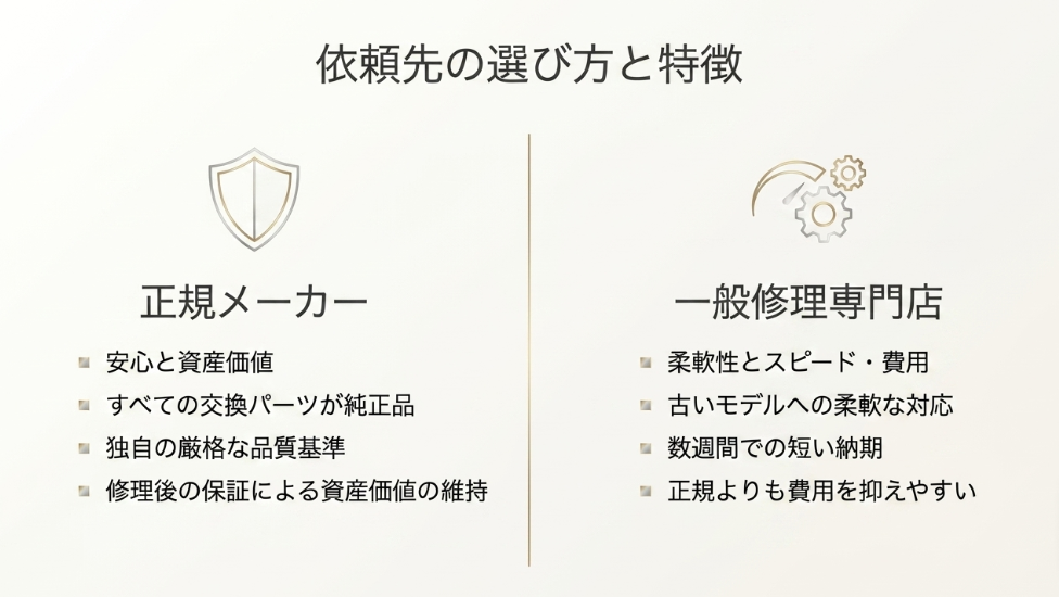 1級時計修理技能士の在籍、豊富な実績、分かりやすい説明、動作保証期間の4項目を挙げた専門店選びのチェックリスト。