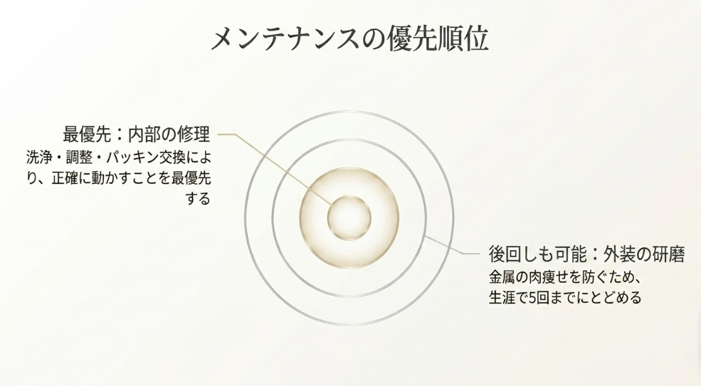 内部の修理（洗浄・調整・パッキン交換）を最優先とし、外装の研磨は生涯5回までを目安に後回し可能とする優先順位の解説図。