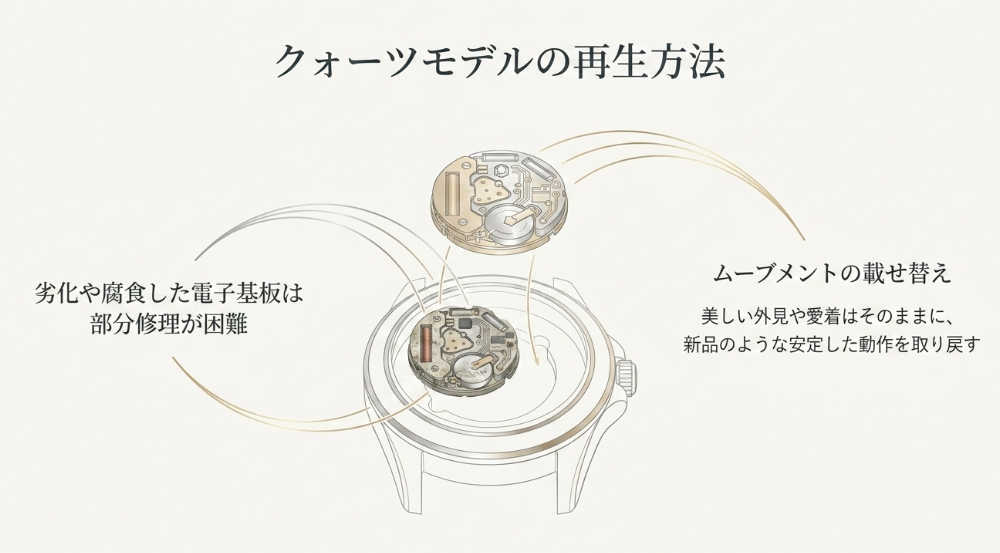 部分修理が困難な電子基板に対し、ムーブメントを載せ替えることで安定した動作を取り戻すメリットを説明した図解。
