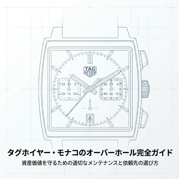 タグホイヤー・モナコの時計の図面を背景にした、オーバーホール完全ガイドのタイトルスライド。資産価値を守るメンテナンスと依頼先の選び方を提示。