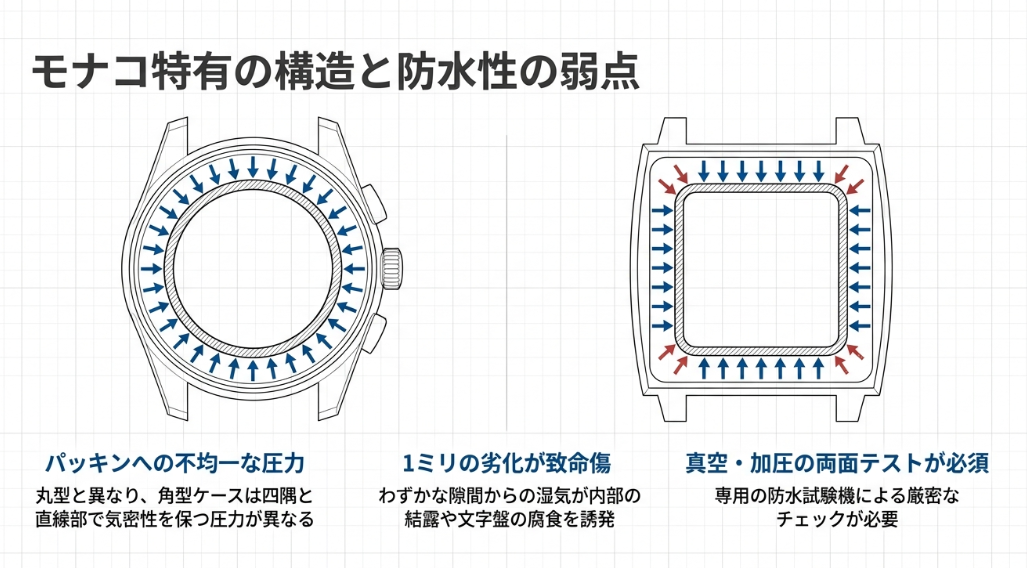丸型ケースと角型ケースのパッキンへの圧力の違いを比較した図。角型は四隅に不均一な圧力がかかることや、1ミリの劣化が致命傷になることを説明。