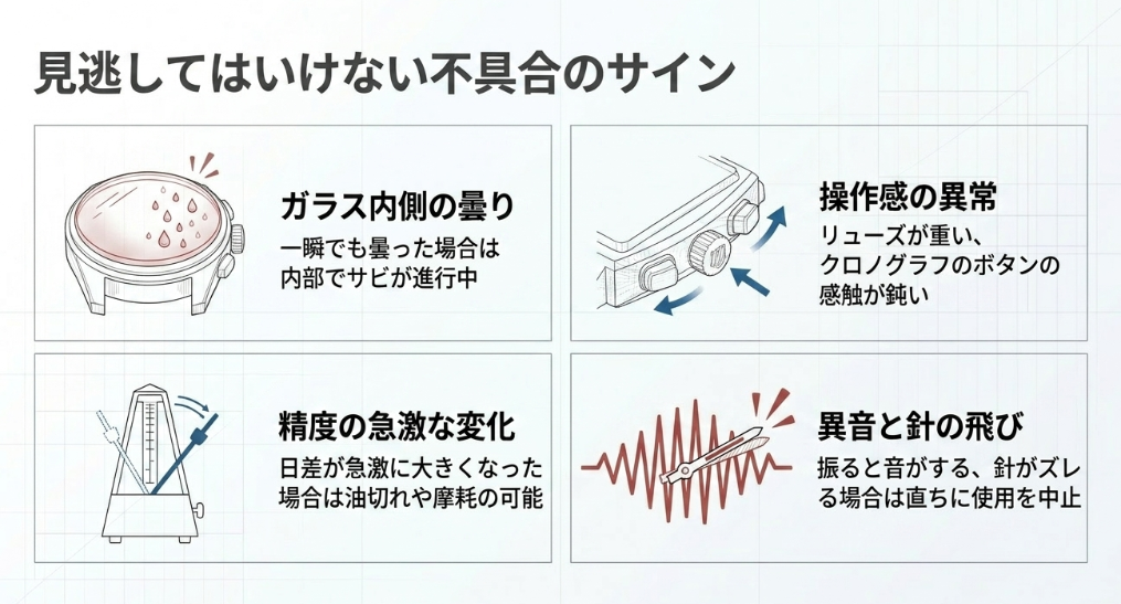 ガラス内側の曇り、操作感の異常、精度の急激な変化、異音と針の飛びの4項目をイラスト付きで解説したスライド。