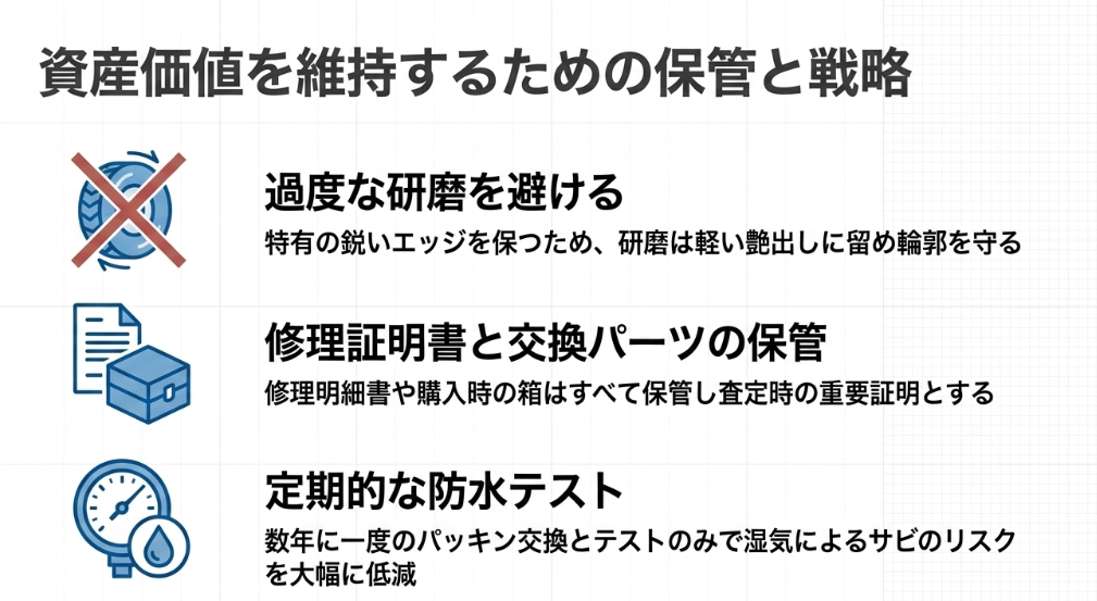 過度な研磨を避けること、修理証明書とパーツの保管、定期的な防水テストの3つの重要戦略を示すスライド。