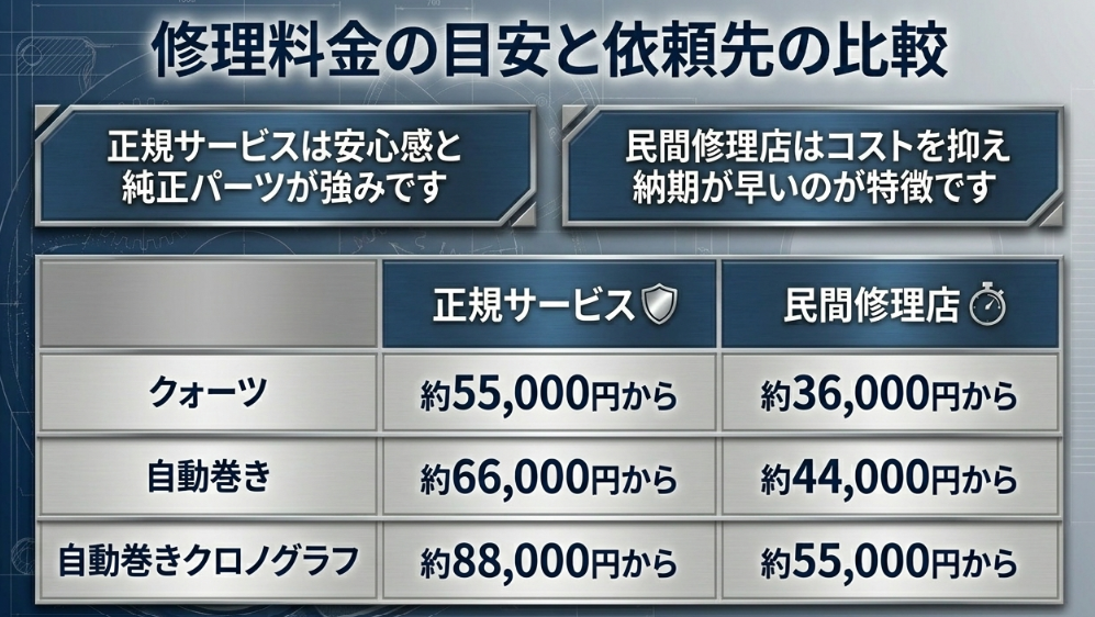 クォーツ、自動巻き、クロノグラフの各モデルにおける、正規サービスと民間修理店のオーバーホール料金相場を比較した表。