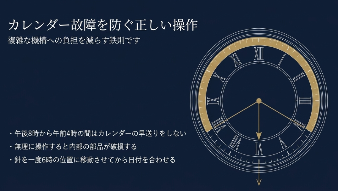 午後8時から午前4時の間はカレンダー早送りが厳禁であることを、時計の文字盤イラストで示した図解画像。