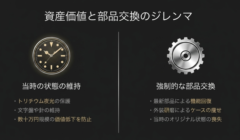 トリチウム夜光の維持による価値保護と、強制的な部品交換や研磨によるオリジナル状態の喪失を比較した、資産価値保護に関する対比図。