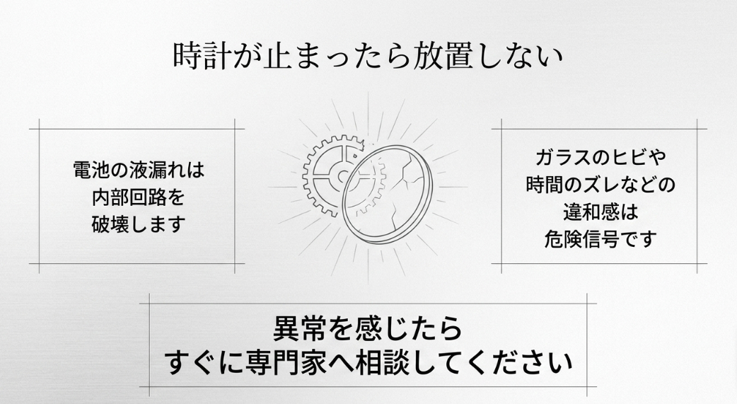 時計の電池交換を放置するリスクを解説するスライド。電池の液漏れが内部回路を破壊する危険性と、ガラスのヒビや時間のズレなどの違和感は専門家へ相談すべき危険信号であることを伝えています。