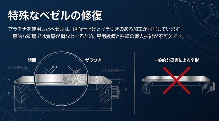 ヨットマスターのプラチナベゼルの鏡面仕上げとザラつき（サンドブラスト）加工の構造と、一般的な研磨による変形リスクの図解