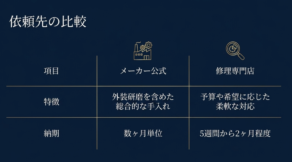 メーカーと専門店の特徴、納期の違いをまとめた比較表。