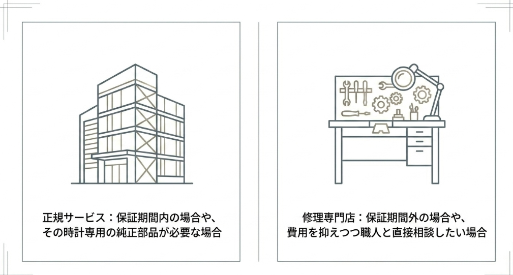 修理依頼先の選び方の基準を示したスライドです。保証期間内や純正部品必須なら正規サービス 、保証期間外や費用を抑えたい、職人と直接相談したい場合は修理専門店が適していることを説明しています 。