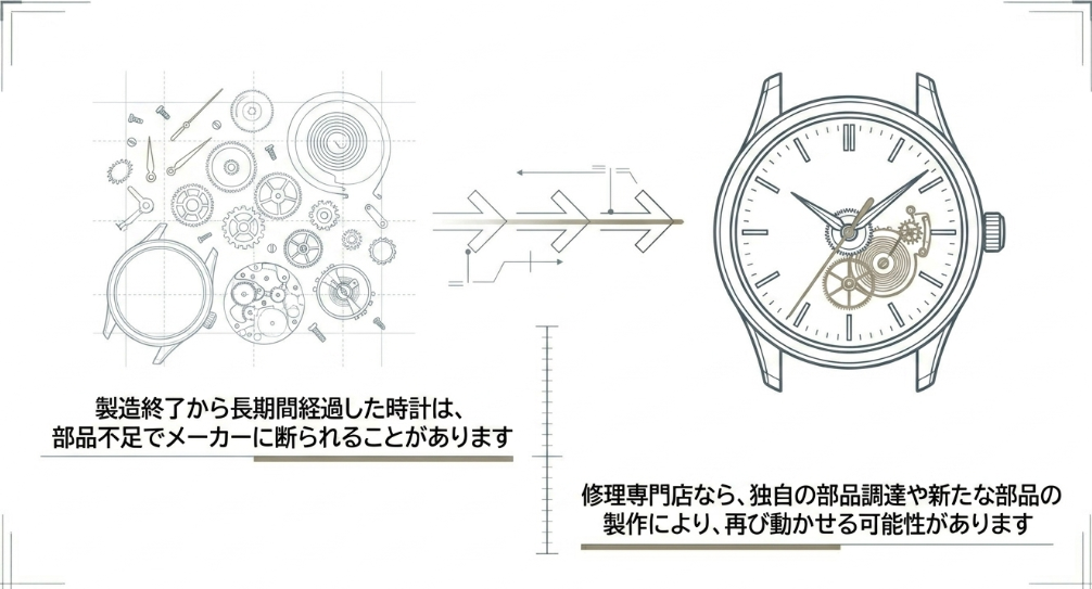部品不足でメーカーに断られた古い時計でも 、修理専門店なら独自の部品調達や製作により、再び動かせる可能性があることを伝えるスライドです 。