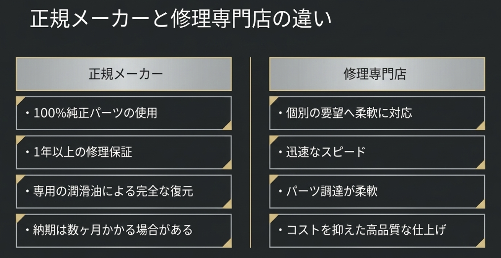 純正パーツ使用の正規メーカーと、柔軟・迅速・コスト抑制が可能な修理専門店の特徴を比較した図