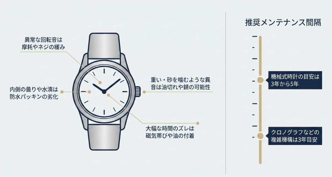 時計のイラストを用いて、異常な回転音、曇り、時間のズレ、重い操作感などの故障サインと、機械式時計（3〜5年）や複雑機構（3年）の推奨メンテナンス間隔を示した図。