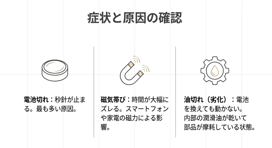 電池切れ、磁気帯び、油切れの3つの原因をアイコンで解説したスライド。電池切れは秒針停止、磁気帯びは時間のズレ、油切れは内部の摩耗を説明