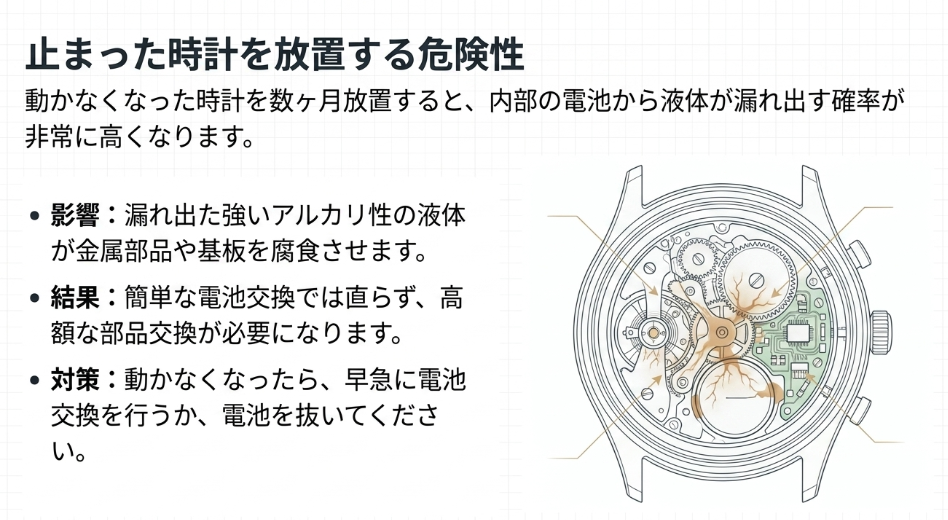 時計内部の電池から液体が漏れ出し、金属部品や基板を腐食させている様子を描いたイラスト。早急な電池交換や取り出しを促す内容