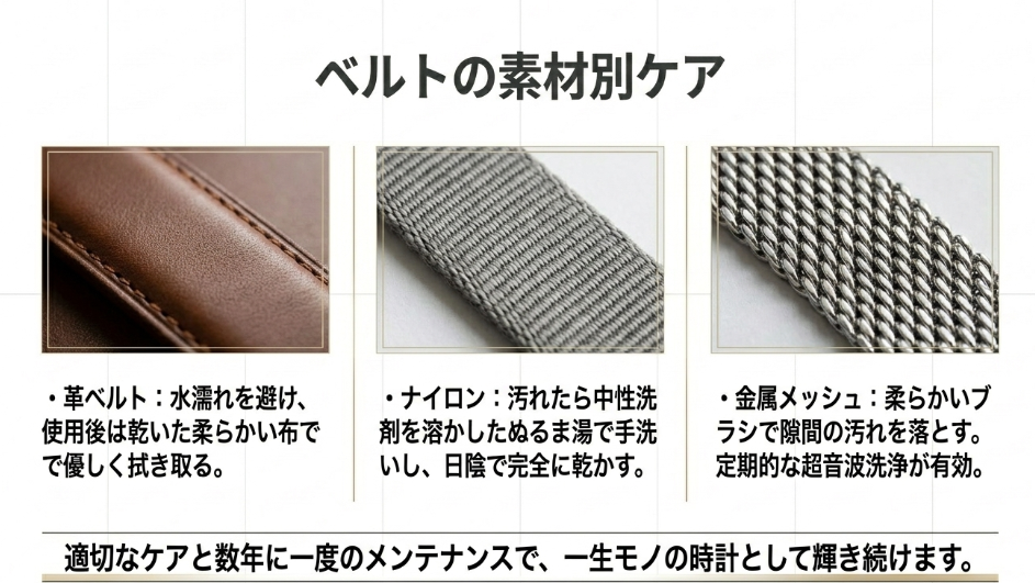 革ベルト(拭き取り)、ナイロン(手洗い)、金属メッシュ(ブラシ・超音波洗浄)の素材に合わせた具体的なケア方法を写真付きで解説したスライド