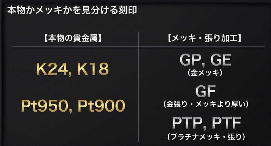 本物のK18やPt900と、メッキを示すGP、GE、金張りを示すGFなどの刻印の違いを整理した比較スライド。