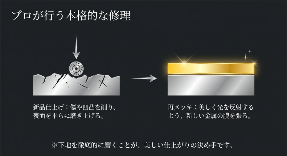 ガタガタの金属表面をバフ研磨で平らに磨き上げ（新品仕上げ）、その上に均一なメッキを施すことで輝きが復活する工程を示したイメージ図。
