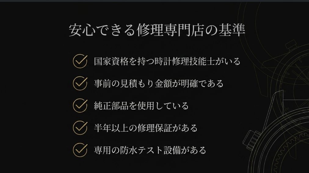 安心できる修理専門店の5つの基準(国家資格、明確な事前見積もり、純正部品、半年以上の保証、専用防水テスト設備)がリストアップされたスライド 。