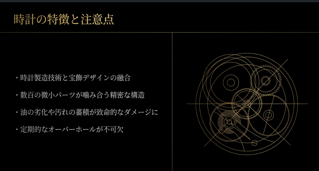 時計製造技術と宝飾デザインの融合や、数百の微小パーツが噛み合う精密な構造など、コンコルド時計の特徴と定期的なオーバーホールの必要性をまとめたスライド。  