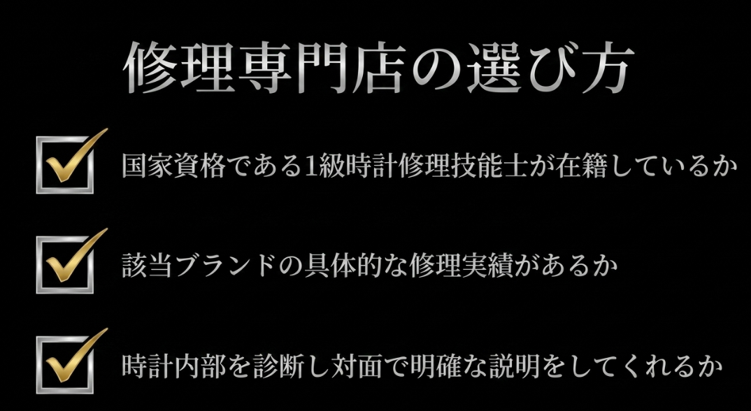 1級時計修理技能士の在籍、具体的な修理実績、対面での明確な説明という修理専門店を選ぶための3つのチェックマーク付き基準を示したスライド