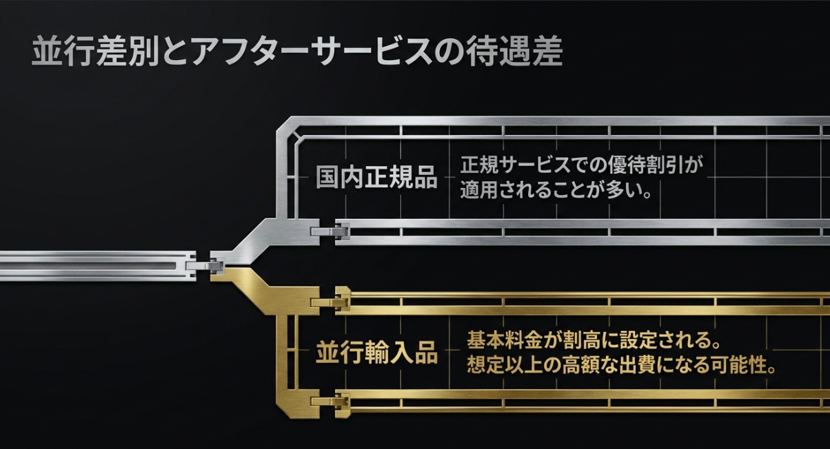 国内正規品と並行輸入品における修理料金や優待割引などアフターサービスの待遇差を示したスライド画像