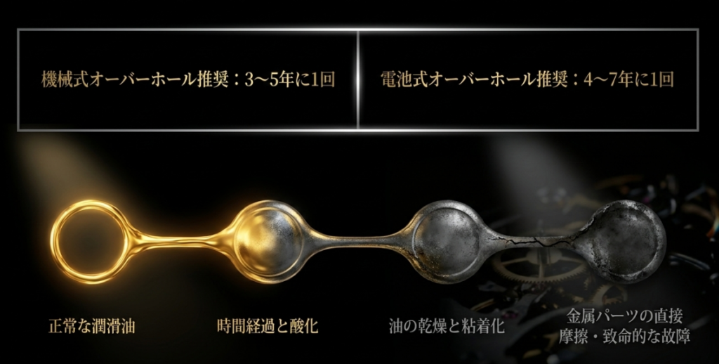 機械式と電池式時計の推奨オーバーホール周期と、内部潤滑油の乾燥・酸化がもたらす金属パーツの直接摩擦・故障のメカニズムを示したスライド