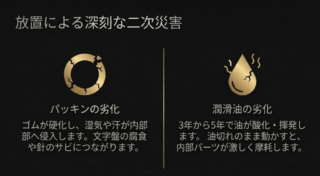 ひび割れた時計と油滴のイラストを背景に、「放置による深刻な二次災害」「パッキンの劣化:ゴムが硬化し湿気や汗が内部へ侵入、文字盤の腐食や針のサビにつながる」「潤滑油の劣化:3年から5年で油が酸化・揮発、油切れのまま動かすと内部パーツが激しく摩耗」と記載されたスライド画像。