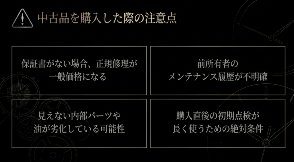 ルイエラールの中古品を購入した際の注意点として、保証書なしによる正規修理の一般価格化、前所有者の履歴不明、内部パーツや油の劣化リスク、購入直後の初期点検の重要性を示すスライド画像