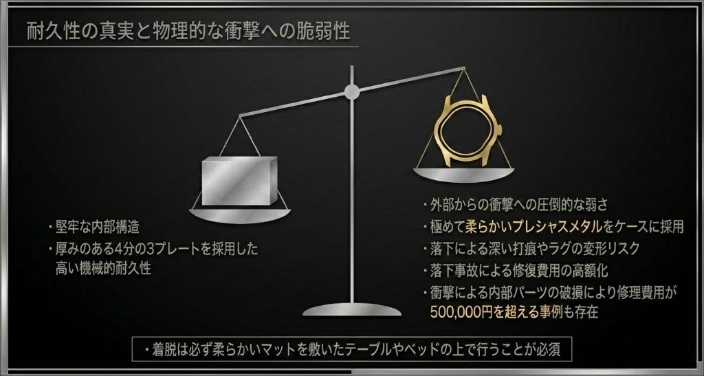 厚みのある4分の3プレートによる堅牢な内部構造と、落下事故によるプレシャスメタルケースの変形や高額な修理費用のリスク