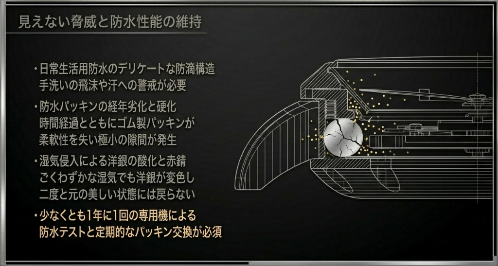 日常生活用防水のデリケートな構造と、ゴム製パッキンの経年劣化・硬化に伴う湿気侵入のリスク